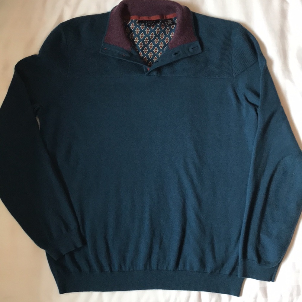 COPY - Ted Baker mid blue wool/polyester button neck sweater w ribbed shoulders…